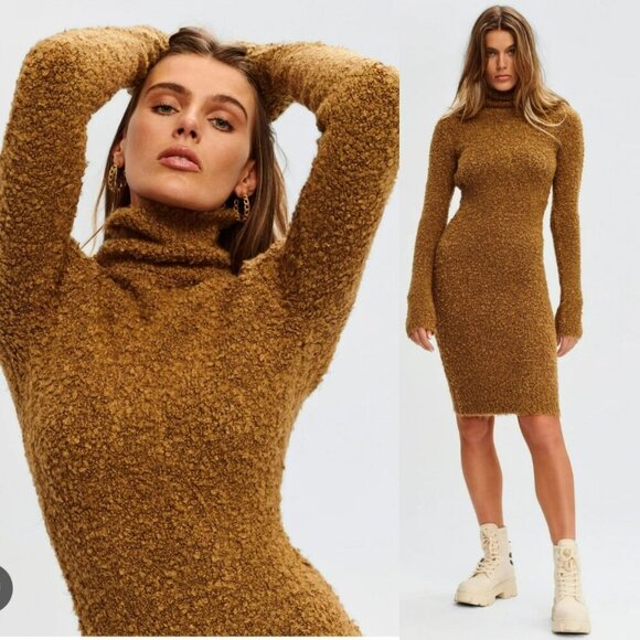 NEW Ser.O.Ya Brown Starling Boucle Dress Turtleneck Teddy Open Back Long Sleeve - Picture 3 of 4